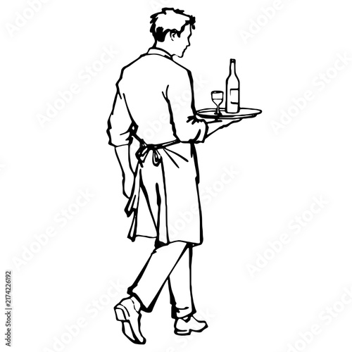 
Line art sketch illustration of a waiter in an apron carrying a serving tray with a bottle and glass.