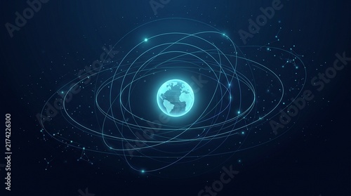 Digital globe with orbital rings and network connections representing global communication, satellite technology, and internet connectivity in deep space