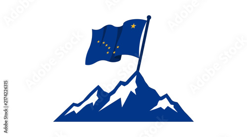 Alaska state flag waving on a mountain peak illustration.
