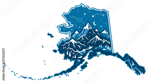 Stylized map of Alaska featuring snowy mountain peaks and night sky.