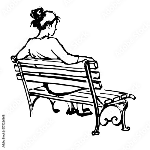 Back view sketch of a woman with her hair tied up, sitting alone and relaxed on a slatted park bench, hand-drawn.