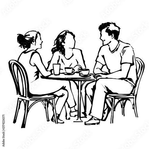 Line art sketch illustration of three friends, two women and one man, talking happily at a round cafe table.