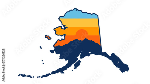 Stylized map of Alaska featuring a colorful sunset gradient and mountain silhouette.