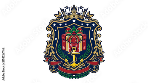 Heraldic Shield Emblem Featuring a Nautical Anchor and Wrapped Gift Box.