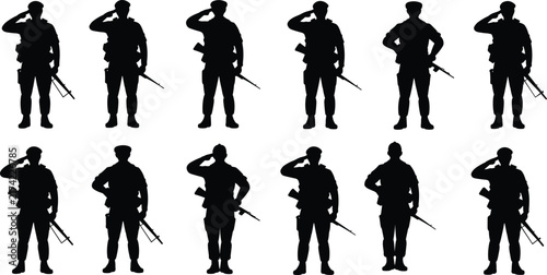 Foto Collection of black silhouettes showing soldiers in uniform standing in formatio