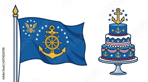 Rhode Island State Flag and Nautical Themed Celebration Cake Illustration.
