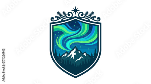 Northern lights over mountain peak inside a decorative shield emblem.