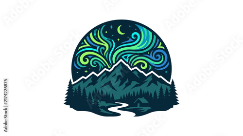 Stylized mountain landscape illustration with northern lights and river.