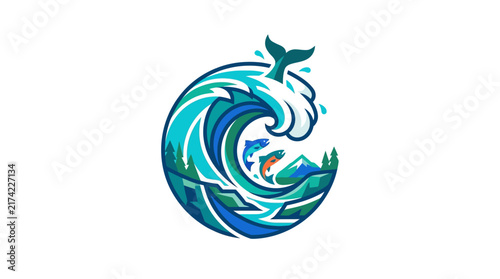 Stylized artistic ocean wave illustration with whale tail and leaping salmon.