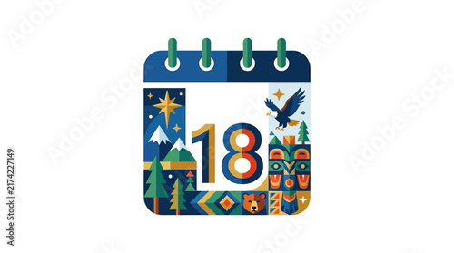 Creative stylized calendar page with number eighteen and natural landscape illustrations.
