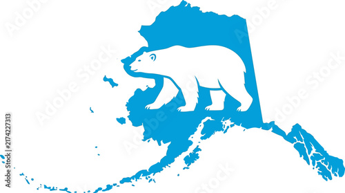 Graphic illustration of a white polar bear silhouette centered inside a blue map of Alaska.