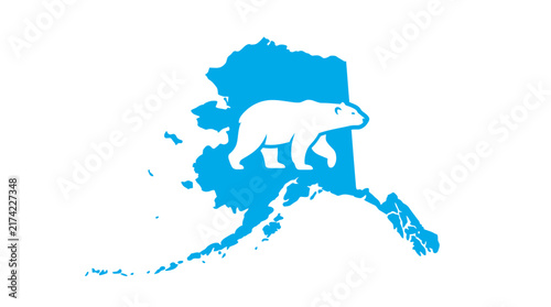 Illustration of a polar bear silhouette inside the map of Alaska.