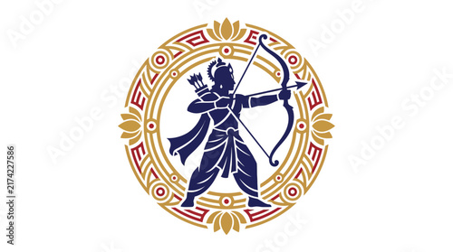 Lord Rama holding a bow and arrow inside an ornate golden circular frame.