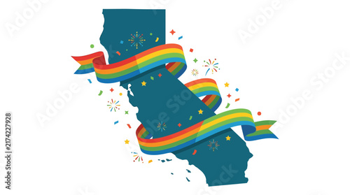 California state map silhouette decorated with a colorful rainbow ribbon for Pride celebrations.