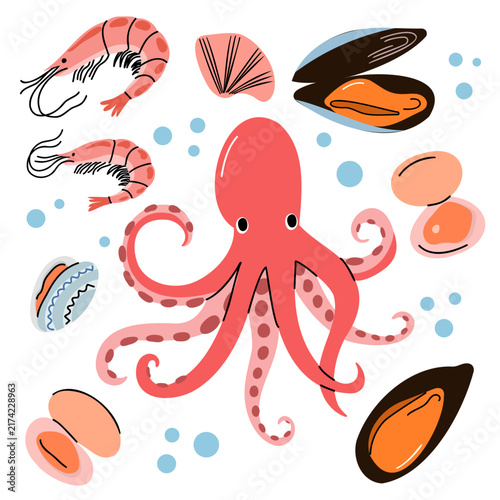 Cute flat illustration set featuring red octopus, pink shrimp prawns, black mussels, and clam shells isolated on white background for seafood menu design