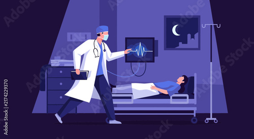 Medical Professional Examining Patient's Vital Signs in a Hospital at Night with Care