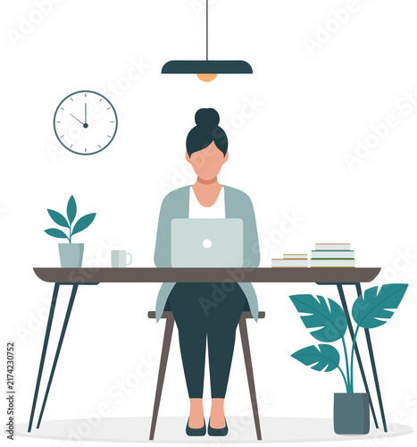 Woman Working on Laptop at Home Office Desk, Flat Vector Illustration