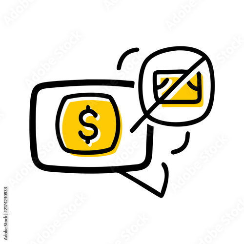 No cash payment icon with dollar sign and cross out.