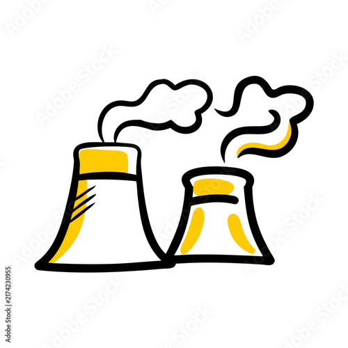 Nuclear power plant icon yellow black smoke energy station.