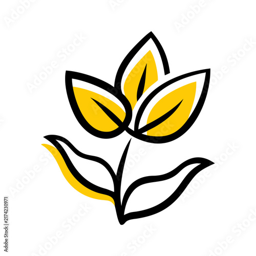 Yellow flower plant with leaves icon for spring seasonal sign.