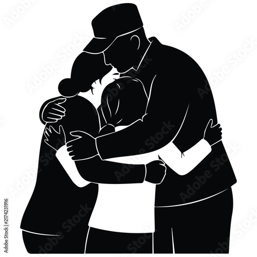 Family reunion military father vector silhouette illustration with black white graphic.