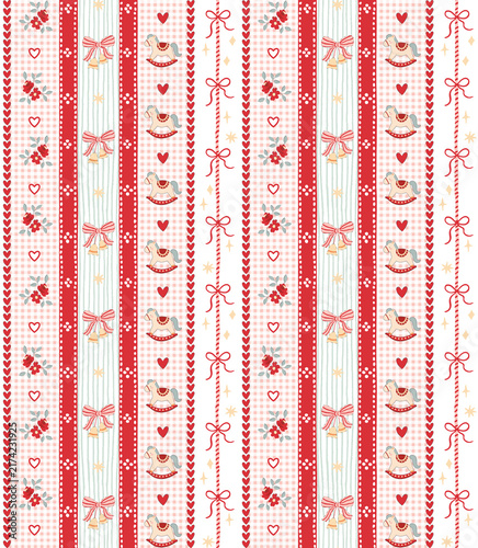 Seamless vintage christmas pattern with rocking horses, bows, bells, and floral elements