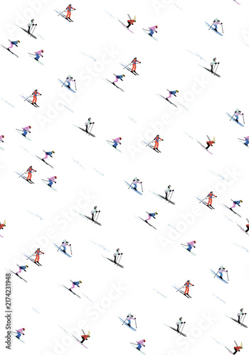 Seamless pattern with skiers on a white background, isolated on white background