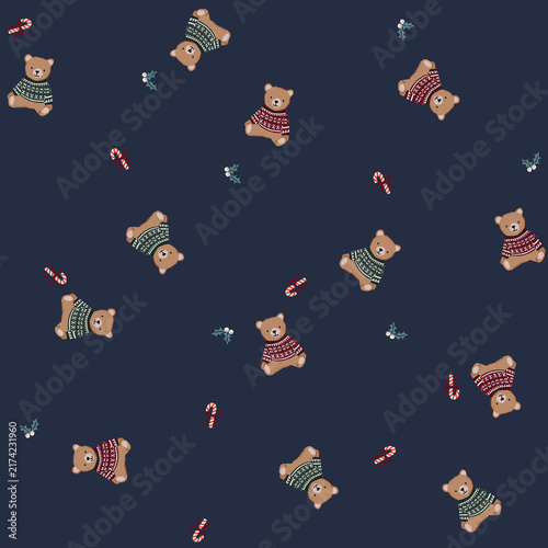 Seamless pattern with cute teddy bears in sweaters and candy canes on a dark blue background