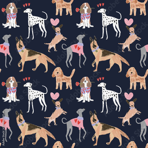 Seamless pattern with cute dogs, hearts, and flowers on a dark background, handdrawn style illustration for textile and wrapping paper design