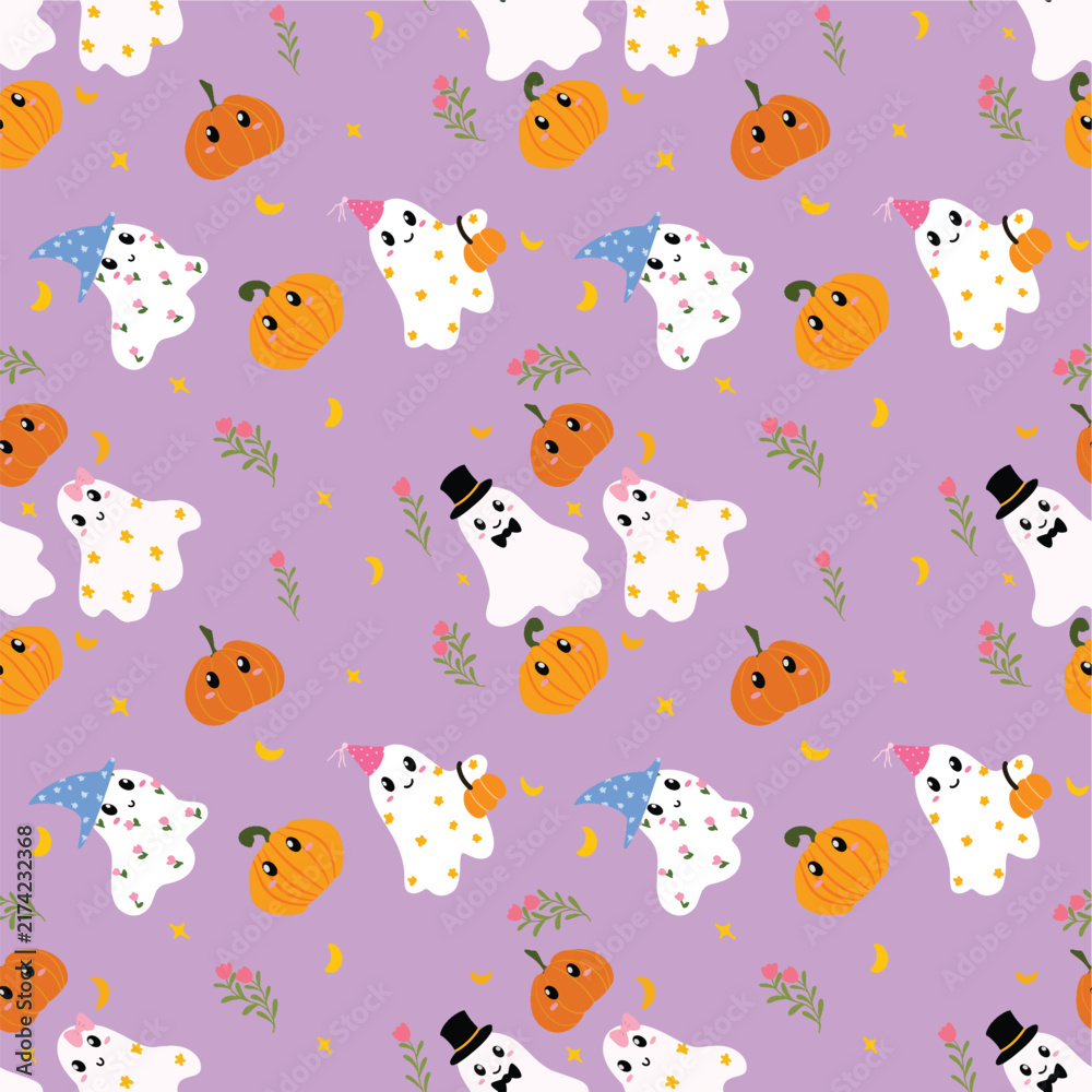 Fototapeta premium Cute Halloween Seamless Pattern with Pumpkins Ghosts