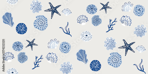 Seamless pattern with handdrawn blue seashells, starfish, and coral elements on a light grey background