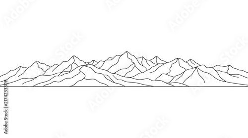 Panoramic mountain range outline illustration, simple black line art drawing of peaks and valleys in natural wilderness landscape