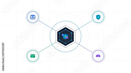 Flat motion illustration of secure data network, financial cloud, and cyber security system.