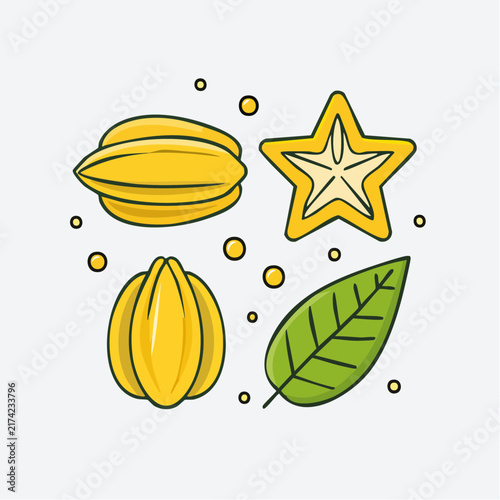 Minimalist vector icon set of yellow starfruits in whole and sliced star formations accompanied by single green leaves for dietary infographic elements and healthy lifestyle app design assets