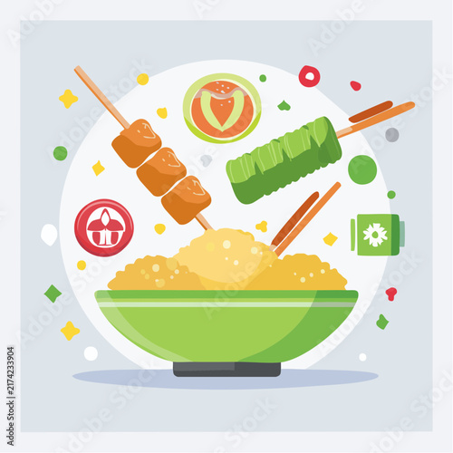Top view of traditional Asian meal served on a plate with satay skewers, cylindrical rice cakes, and surrounding decorative spices and cooking elements for food blog headers and cookbook graphics