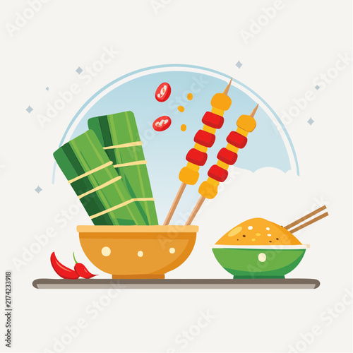 Minimalist modern illustration of traditional Asian cuisine with green rice packets, satay skewers, and ceramic bowls containing flavorful spices on a light background for cultural event posters