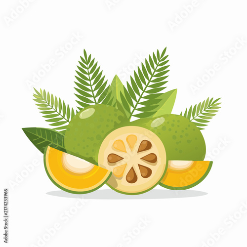 Fresh starfruit carambola slices and whole fruits laid over lush tropical fern leaves creating a vibrant natural composition for eco friendly product branding and organic farm advertising