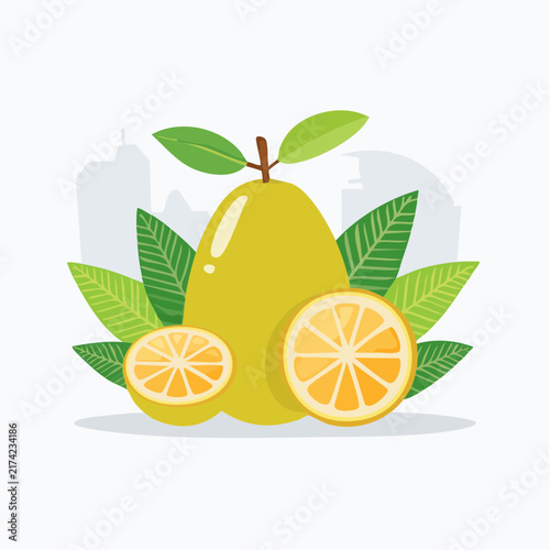 Ripe green guava and sliced citrus fruits decorated with fresh green leaves and subtle city skyline background for local urban farming advertisements and fresh fruit market branding vector layouts