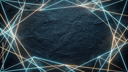 Abstract geometric neon lights frame a dark, textured surface, creating a modern digital backdrop