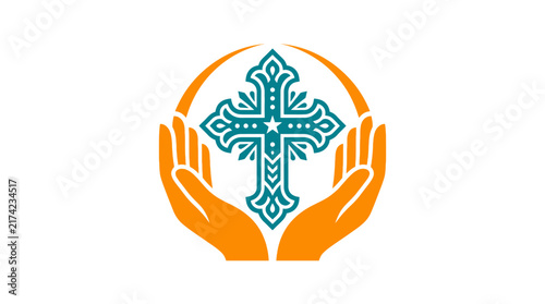 Christian cross symbol held by open hands illustration.