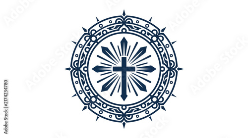 Intricate Christian cross emblem with decorative circular frame.