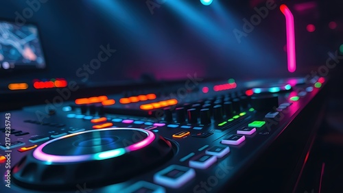 A close-up of glowing DJ equipment with vibrant lights in a dark, atmospheric club.