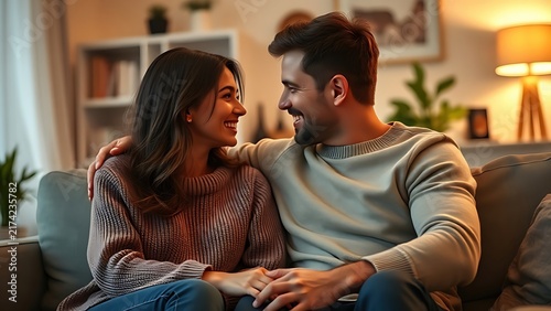 A couple enjoying a quiet moment together in a warmly lit and cozy living room.