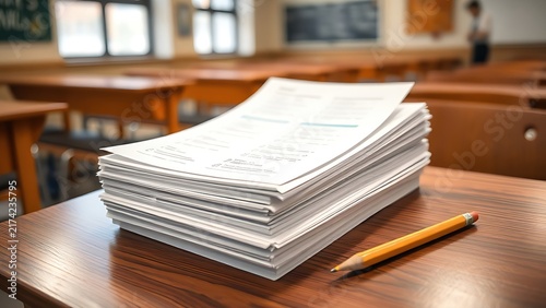 Stack of blank test papers on a wooden desk, symbolizing preparation and academic focus.