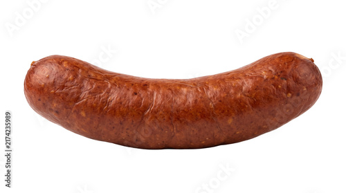 Fotografie Smoked bratwurst sausage with textured skin