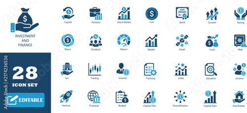 Investment and finance icon set featuring blue and grey monetary assets for banking solutions.