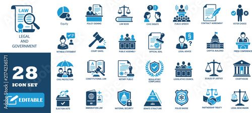 Legal and government icon set featuring blue and grey justice symbols for official documents.