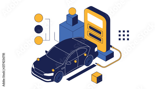 Isometric vector illustration of a dark blue electric car charging at a station