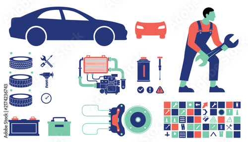 Professional car mechanic and automotive parts set for vehicle repair vector illustration