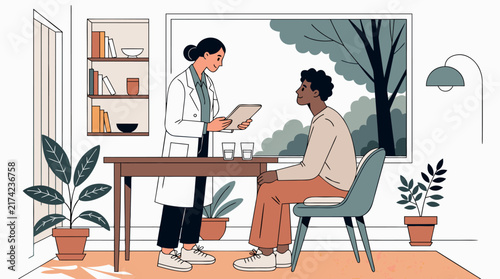Professional female doctor consulting with a male patient in a modern office vector